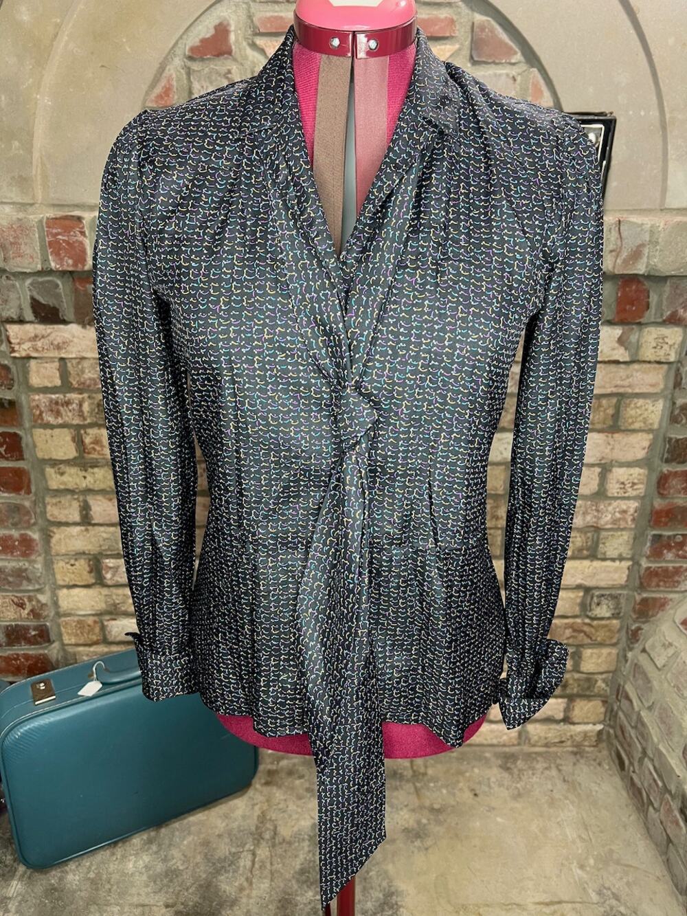 Button Down blouse abstract pattern black blue purple yellow kitten bow
